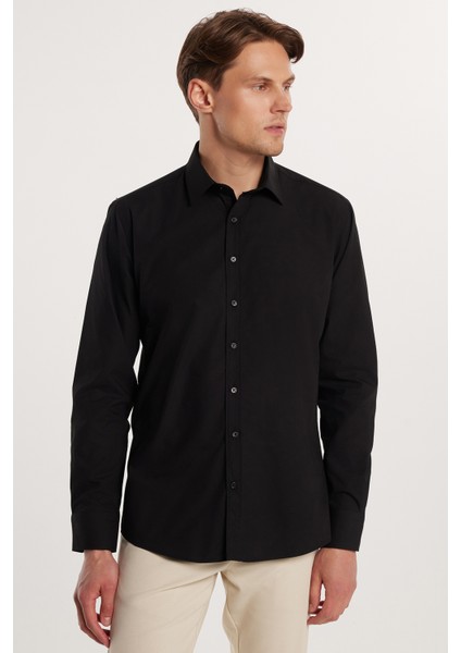 Modern Slim Fit Uzun Kollu Pamuklu Kolay Ütü Erkek Siyah Gömlek