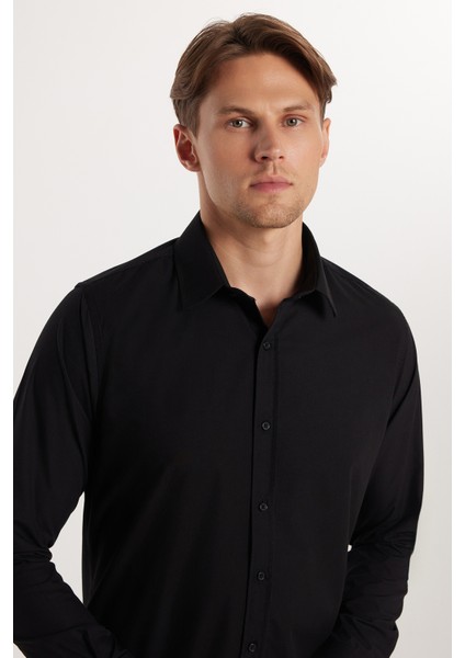 Erkek Slim Fit Dar Kesim Pamuklu Terry Cotton Kumaş Kolay Ütü Siyah Gömlek