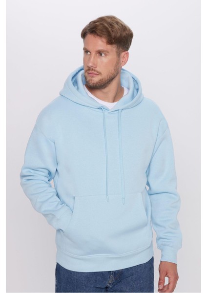 Unisex Oversize Geniş Kesim Pamuklu Yumuşak Dokulu İçi Polarlı Basic Mavi Kapüşonlu Sweatshirt