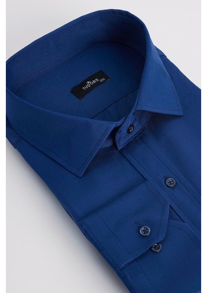 Erkek Big Size Büyük Beden Pamuklu Tek Cepli Saten Lacivert Gömlek