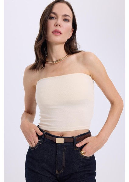 Kadın Slim Fit Dar Kesim Pamuklu Straplez Bej Bluz
