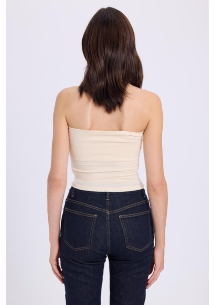Kadın Slim Fit Dar Kesim Pamuklu Straplez Bej Bluz