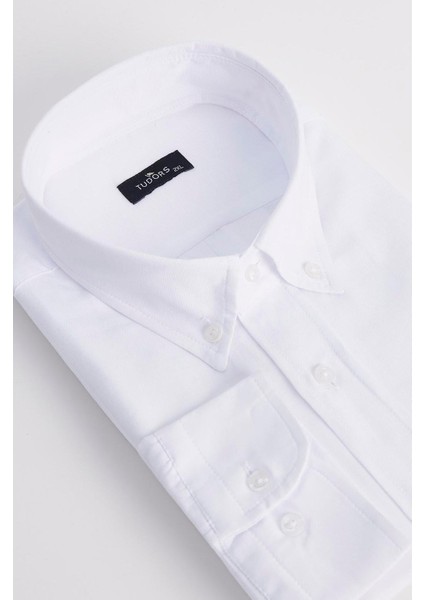 Erkek Big Size Büyük Beden Nakışlı Oxford Doku Cepli Beyaz Yaka Düğmeli Gömlek