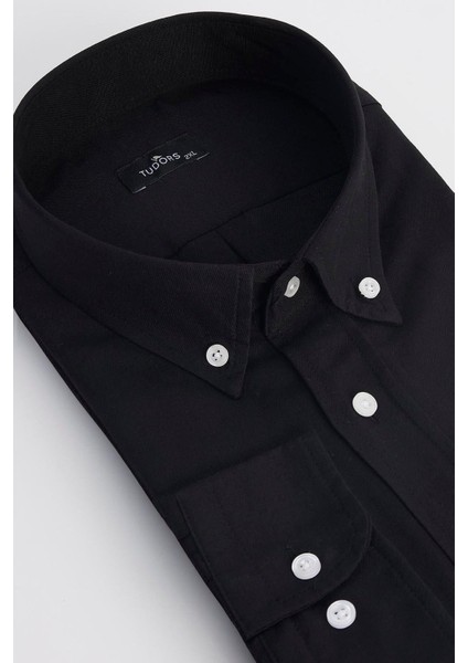 Erkek Big Size Büyük Beden Nakışlı Oxford Doku Cepli Siyah Yaka Düğmeli Gömlek