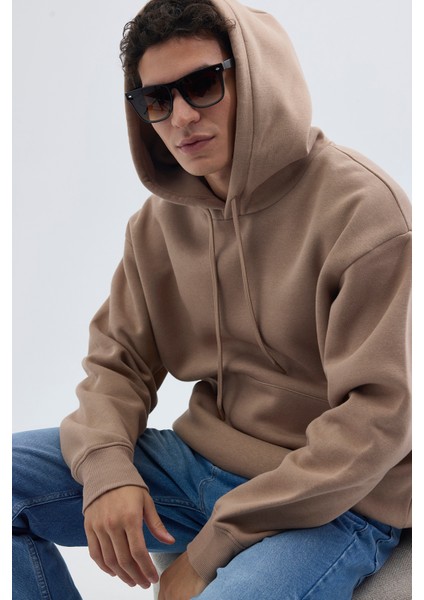 Unisex Oversize Geniş Kesim Pamuklu Yumuşak Dokulu İçi Polarlı Basic Vizon Renk Kapüşonlu Sweatshirt