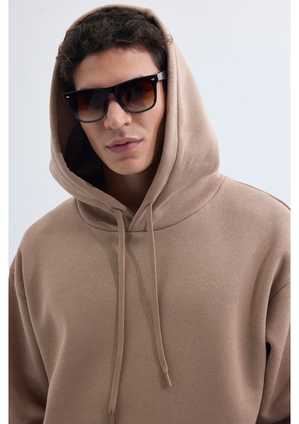 Unisex Oversize Geniş Kesim Pamuklu Yumuşak Dokulu İçi Polarlı Basic Vizon Renk Kapüşonlu Sweatshirt fiyatları
