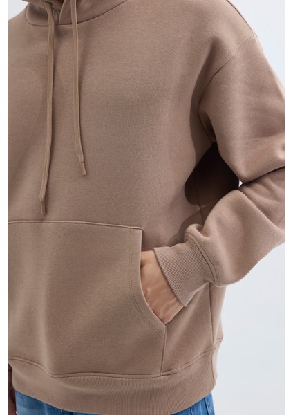 Unisex Oversize Geniş Kesim Pamuklu Yumuşak Dokulu İçi Polarlı Basic Vizon Renk Kapüşonlu Sweatshirt modelleri