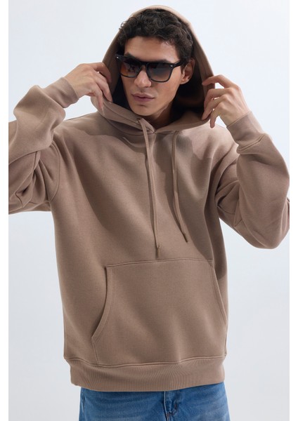 Unisex Oversize Geniş Kesim Pamuklu Yumuşak Dokulu İçi Polarlı Basic Vizon Renk Kapüşonlu Sweatshirt fırsatları