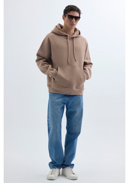 Unisex Oversize Geniş Kesim Pamuklu Yumuşak Dokulu İçi Polarlı Basic Vizon Renk Kapüşonlu Sweatshirt indirimleri