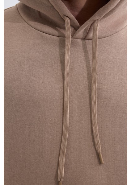 Unisex Oversize Geniş Kesim Pamuklu Yumuşak Dokulu İçi Polarlı Basic Vizon Renk Kapüşonlu Sweatshirt