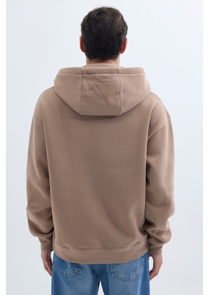 Unisex Oversize Geniş Kesim Pamuklu Yumuşak Dokulu İçi Polarlı Basic Vizon Renk Kapüşonlu Sweatshirt