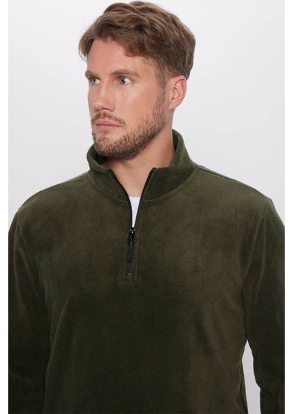 Unisex Standart Fit Rahat Kesim Tüylenme Yapmayan Soğuk Geçirmez Koyu Haki Dik Yaka Polar Sweatshirt