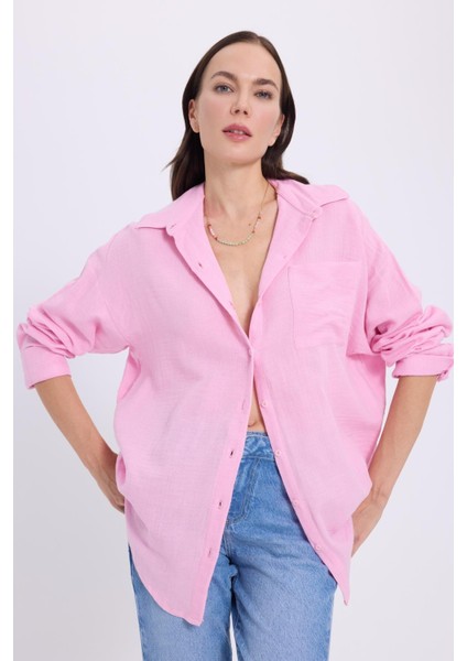 Kadın Oversize Geniş Kesim %100 Pamuk Müslin Kumaş Uzun Kollu Cepli Dokulu Lila Gömlek