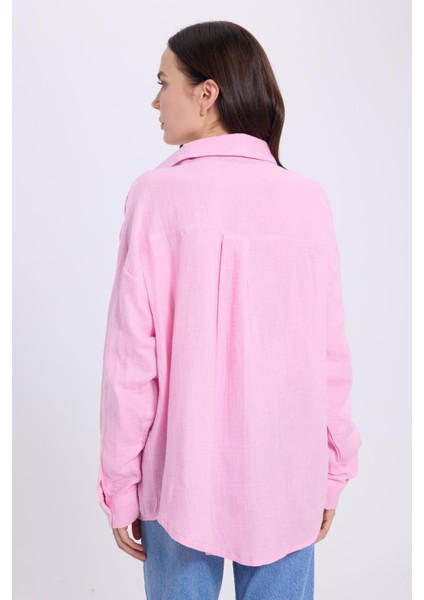 Kadın Oversize Geniş Kesim %100 Pamuk Müslin Kumaş Uzun Kollu Cepli Dokulu Lila Gömlek