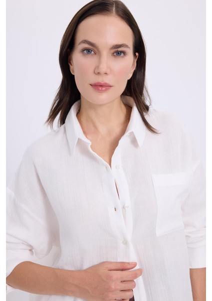 Kadın Oversize Geniş Kesim %100 Pamuk Müslin Kumaş Uzun Kollu Cepli Dokulu Beyaz Gömlek