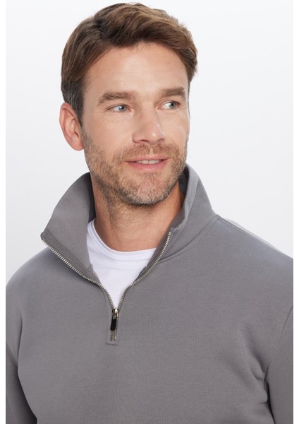 Unisex Relax Fit Rahat Kesim Pamuklu Içi Polarlı Yarım Fermuarlı Gri Dik Yaka Sweatshirt