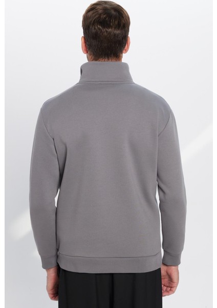 Unisex Relax Fit Rahat Kesim Pamuklu Içi Polarlı Yarım Fermuarlı Gri Dik Yaka Sweatshirt