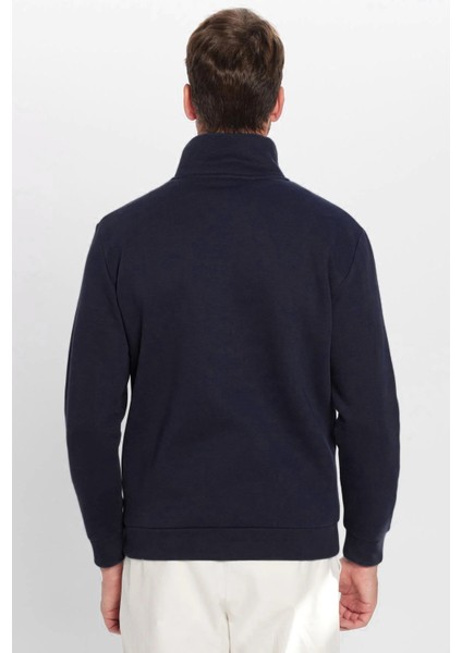 Unisex Relax Fit Rahat Kesim Pamuklu İçi Polarlı Yarım Fermuarlı Lacivert Dik Yaka Sweatshirt