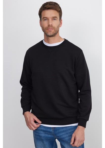 Unisex Relax Fit Rahat Kesim %100 Pamuk Basic Siyah Bisiklet Yaka Sweatshirt