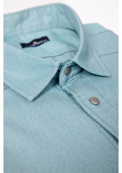 Büyük Beden Uzun Kollu Yıkamalı Çift Cepli Armürlü Denim Kot Mint Erkek Gömlek
