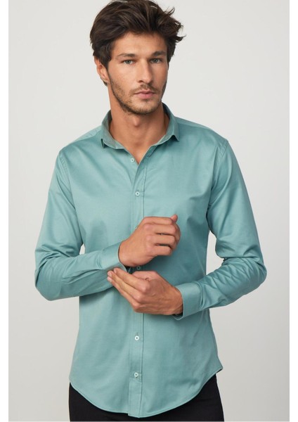 Slim Fit Uzun Kollu Likralı Düz Pamuk Saten Yeşil Erkek Gömlek