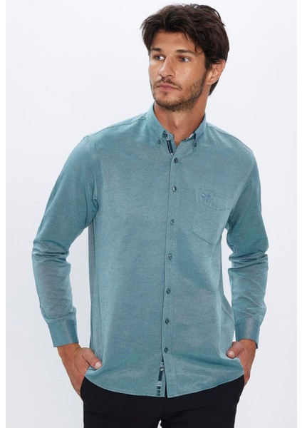 Erkek Regular Fit Klasik Kesim Pamuklu Oxford Doku Tek Cepli Yeşil Düğmeli Yaka Gömlek