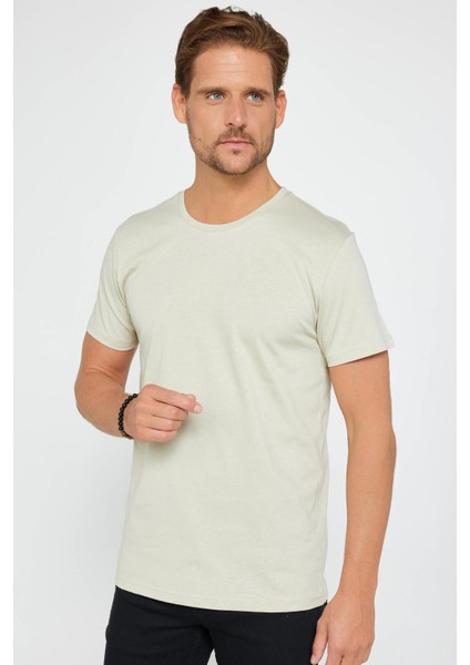 Unisex 3'lü Paket Siyah-Beyaz-Taş Rengi Slim Fit Dar Kesim %100 Pamuk Bisiklet Yaka Tişört