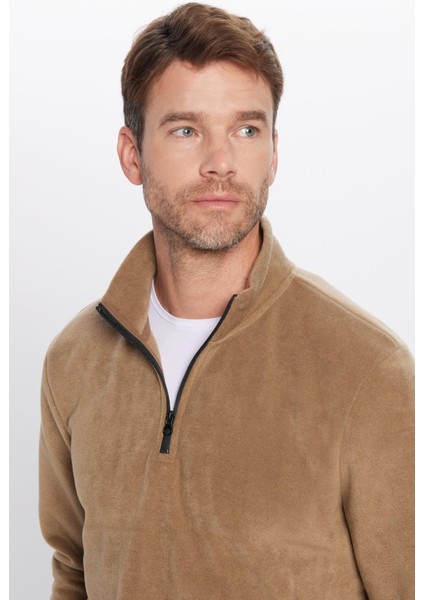 Unisex Standart Fit Anti-pilling Tüylenme Yapmayan Soğuk Geçirmez Haki Bato Yaka Polar Sweatshirt