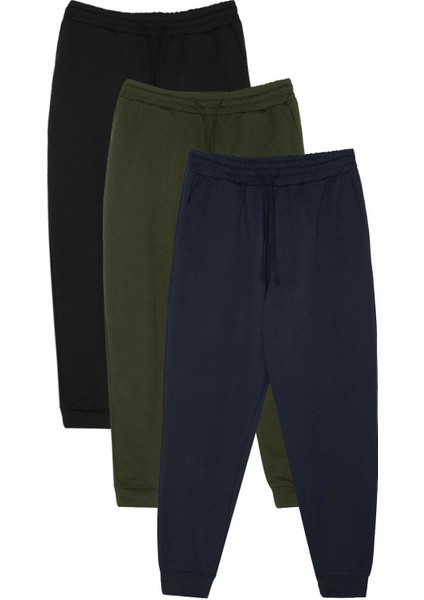 Erkek 3'lü Paket Siyah-Lacivert-Haki Regular Fit Beli Bağcıklı Jogger Cepli Lastikli Paça Eşofman Al