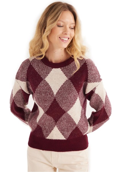 Kadın Slim Fit Dar Kesim Bisiklet Yaka Desenli Bordo Kazak