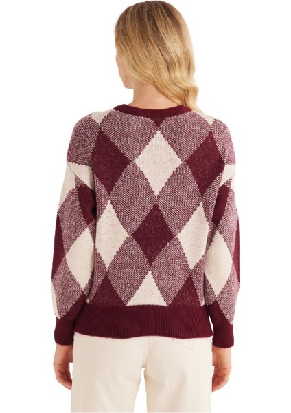 Kadın Slim Fit Dar Kesim Bisiklet Yaka Desenli Bordo Kazak