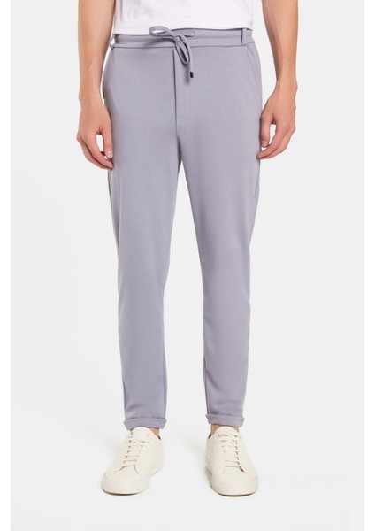 Erkek Slim Fit Pamuklu Beli Bağlamalı Yan Cepli Katlamalı Paça Jogger Gri Pantolon