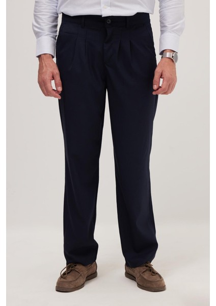 Erkek Regular Fit Klasik Kesim Normal Bel Geniş Paça Lacivert Pantolon