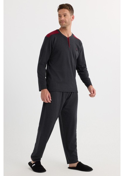 Erkek Regular Fit Pamuklu Düğmeli Yaka Beli Lastikli Desenli Antrasit Pijama Takımı