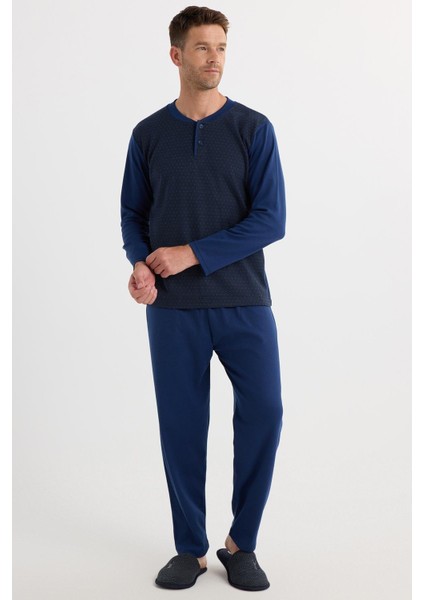 Erkek Regular Fit Pamuklu Düğmeli Yaka Beli Lastikli Desenli İndigo Pijama Takımı