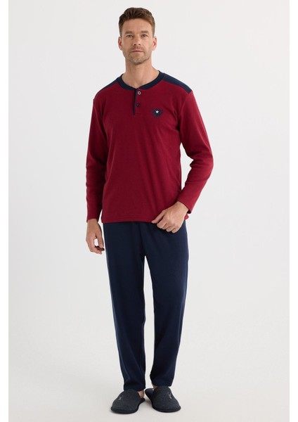 Erkek Regular Fit Pamuklu Düğmeli Yaka Beli Lastikli Desenli Bordo Pijama Takımı