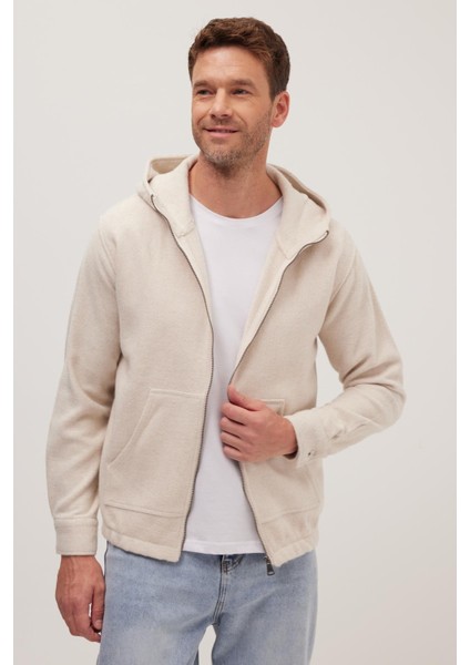 Erkek Relax Fit Rahat Kesim Fermuarlı Çift Cep Kapüşonlu Ekru Ceket Gömlek