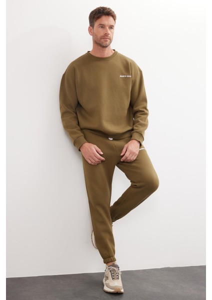 Erkek Relax Fit Pamuklu 3 İplik Yumuşak Dokulu İçi Polarlı Bisiklet Yaka Haki Eşofman Takımı