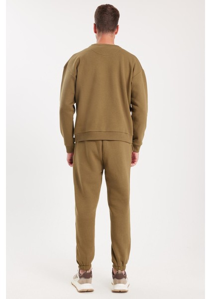 Erkek Relax Fit Pamuklu 3 İplik Yumuşak Dokulu İçi Polarlı Bisiklet Yaka Haki Eşofman Takımı