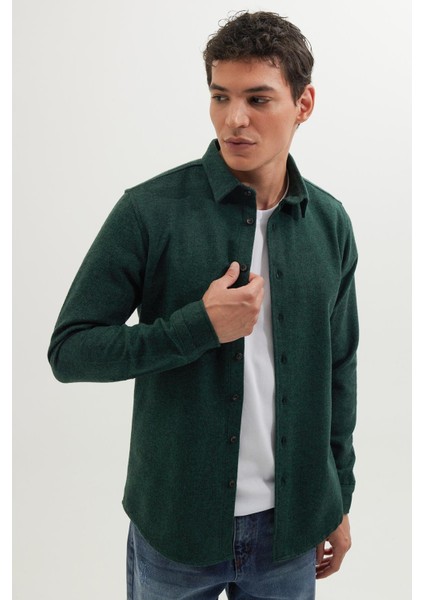 Erkek Slim Fit Dar Kesim Uzun Kollu Düz Kışlık Oduncu Yeşil Gömlek