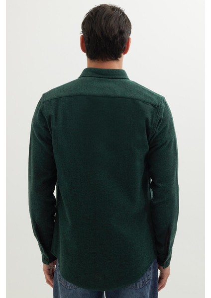 Erkek Slim Fit Dar Kesim Uzun Kollu Düz Kışlık Oduncu Yeşil Gömlek