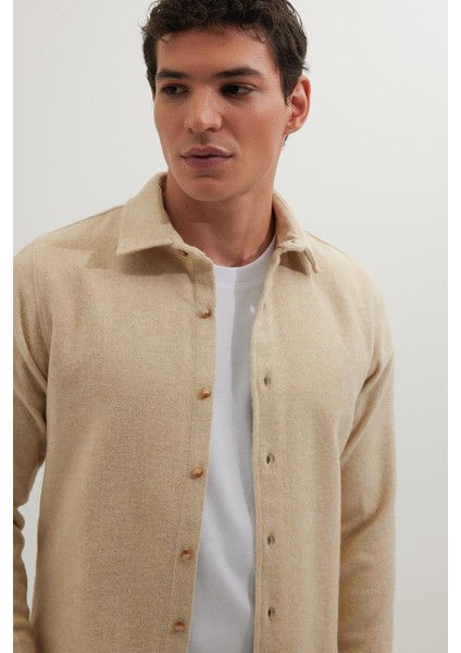 Erkek Slim Fit Dar Kesim Uzun Kollu Düz Kışlık Oduncu Açık Bej Gömlek