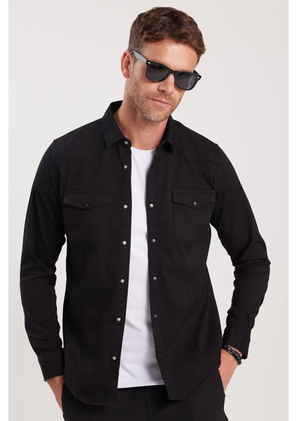 Slim Fit Uzun Kollu Gündelik Denim Kot Erkek Siyah Gömlek