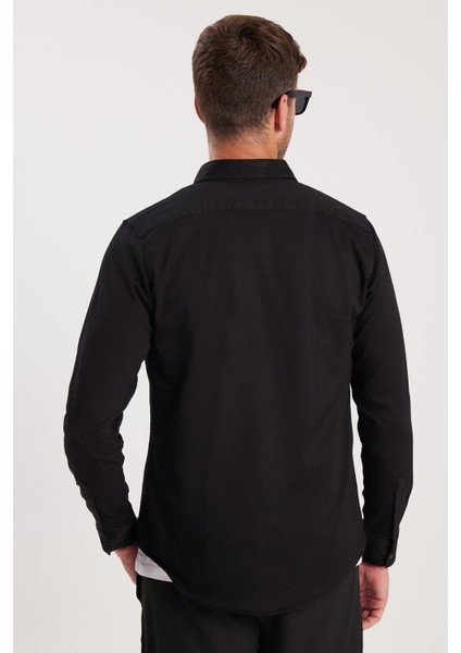 Slim Fit Uzun Kollu Gündelik Denim Kot Erkek Siyah Gömlek