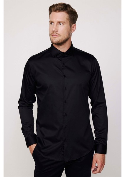 Slim Fit Uzun Kollu Koton Saten Premium Seri Erkek Siyah Gömlek
