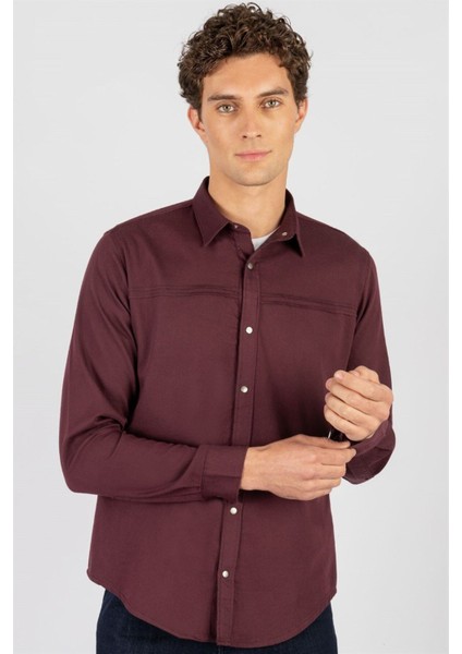 Slim Fit Uzun Kollu Dar Kesim Metal Düğme Denim Kot Erkek Mürdüm Gömlek