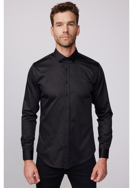 Slim Fit Uzun Kollu Pamuk Saten Erkek Siyah Gömlek