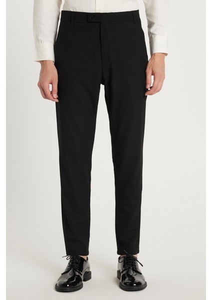 Erkek Slim Fit Dar Kesim Chino Yandan Cepli Pamuklu Siyah Pantolon