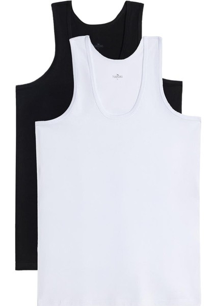 2 Adet Compact Penye Siyah-Beyaz Erkek Atlet Pamuklu Standart Fit Normal Kesim 2'li Paket