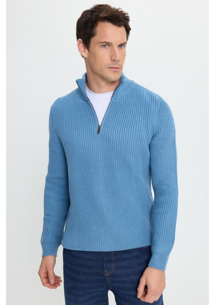 Erkek Slim Fit Dar Kesim Fermuarlı İndigo Dik Yaka Triko Kazak